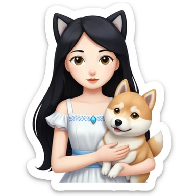 A girl with long black hair wearing white dress holding a Husky and a Shiba Inu. sticker