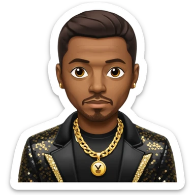 Keith Sweat (b.1961) with dark brown hair, black sequin jacket, black shirt with necklace sticker