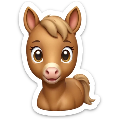 3D Apple-style emoji of a cute foal (young horse). Small body, big eyes, short mane, light brown color, rounded and glossy, smooth shading, white background.
 sticker