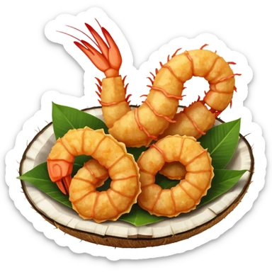 coconut shrimp, whole shrimp coated in golden coconut flakes, simple apple emoji style sticker