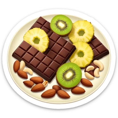 Evening snack plate with dark chocolate squares, mixed nuts, kiwi slice and pineapple chunks sticker