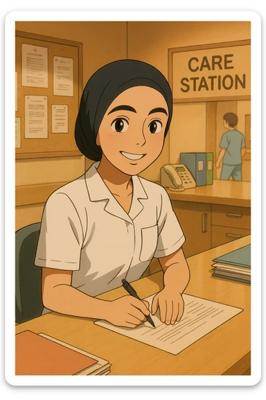 Étudiante infirmière en style Ghibli, travaillant dans un poste de soin, portant un uniforme blanc à manches courtes sans pied de col ni stéthoscope, haut de type tunique médicale avec col en V et poche poitrine à gauche, pas de tissu dépassant des manches, inspirée de la personne sur la photo, ambiance chaleureuse et collaborative. sticker