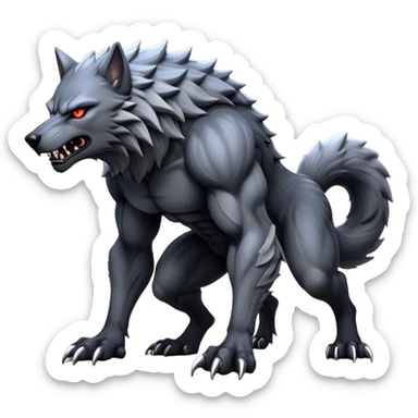 cinematic-noble-fierce-werewolf-full body on all fours-emoji, poised-and-imposing, with a tall, lean, and muscular wolfish frame inspired by the brutal, imposing shape of the beast from Berserk, fur rippling in shades of midnight black and silver, massive paws with razor-sharp claws, elongated limbs and fangs, eyes glowing with an intense, primal ferocity, reflecting the untamed power of the wild moonlit night; rendered with realism like a wolf hunched over sticker