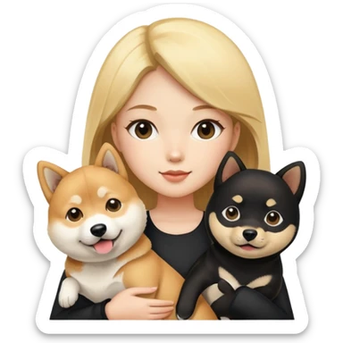 blonde girl holding a shiba inu and a black shiba inu sticker