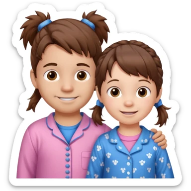 A toddler girl with brown hair with two pig tails, wearing pink pajamas and a bigger 4 year old boy with spikey brown hair, wearing blue pajamas. Both light skin and smiling.  sticker