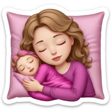 sleeping girl with pale skin and light brown wavy hair with a pink silk pillow sticker