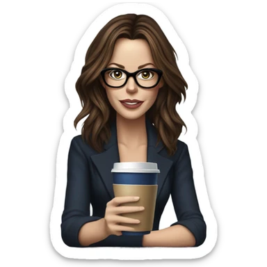 Hyper Realistic Kate Beckinsale dark blue eyes wearing glasses drinking coffee at a laptop  sticker