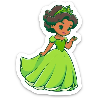 Disney Princess Tiana with extremely long black curly hair, green dress, 2c-3b curl pattern sticker