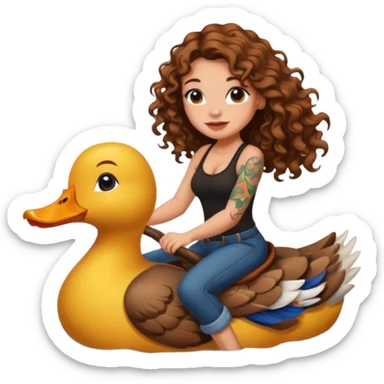 cute woman long curly brown hair tattoos riding duck through pond sticker