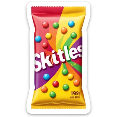 A Skittles candy package from the 1990s with extreme 90s American design, wild patterns, vibrant colors sticker