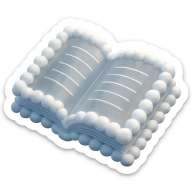 top view of a thick open book made entirely of small, very bright white fluffy convex clouds, matte glass style sticker