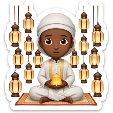 Personnage 3D mignon en style Pixar, un petit garçon portant un qamis blanc et un kufi, tenant un tapis de prière, entouré de lanternes brillantes, fond doux, couleurs chaudes, garçon teint noir sticker