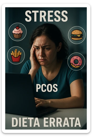 Donna con PCOS che segue una dieta errata, visibilmente stressata, con espressione tesa e segni di aumento dello stress, simboli di cibi non adatti, atmosfera clinica, luci drammatiche, didascalie in italiano, aspect ratio 2:3 sticker