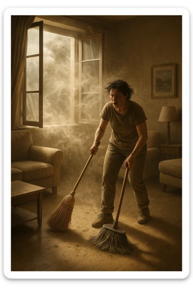 A realistic, cinematic image of a person cleaning a living room with a mop and broom, windows wide open letting in a strong gust of wind. Through the open windows, thick clouds of dust, pollen, and small debris visibly swirl into the room, floating in sunbeams that highlight the particles in the air. The person looks frustrated and tired, mid-action sweeping but clearly battling the incoming dust. Around the room, some furniture and surfaces already show a thin layer of dust settling. The scene is bathed in natural daylight with a slightly hazy atmosphere due to the airborne dust. The color palette uses warm, muted tones emphasizing the contrast between cleanliness efforts and the stubborn dirt and dust invading the space. The focus is on the tension between trying to clean and the unavoidable mess coming in from outside. sticker