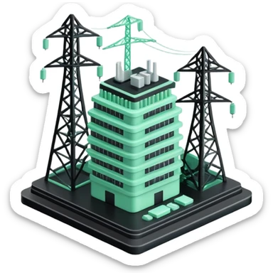 Énergie (Energy), 3D technical icon with black and mint green (#B5F4D3), energy regulatory framework with power grid schematics and compliance metrics sticker