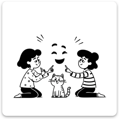 two girls and a cat drawing an emoji, hand-drawn doodle style sticker