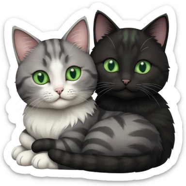 1 grey cat with pastal green eyes and 1 black with green eyes cat cuddling sticker