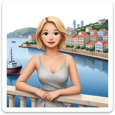 jennifer lawrence, leaning on a balcony with a harbor and cityscape in the background, smiling, closeup portrait  sticker