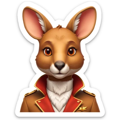Cinematic Noble Kangaroo Portrait Emoji, Poised and regal, with a powerful, muscular build and a sleek, well-groomed fur of warm red-orange hues, deep-set soulful amber eyes and a strong tail, Simplified yet sharp and sophisticated features, highly detailed, glowing with a warm, dignified glow, high shine, intelligent and athletic, stylized with an air of outback majesty, focused and attentive, soft glowing outline, capturing the essence of a watchful and confident marsupial, so majestic it feels as though it could bound out of the screen with effortless authority! sticker