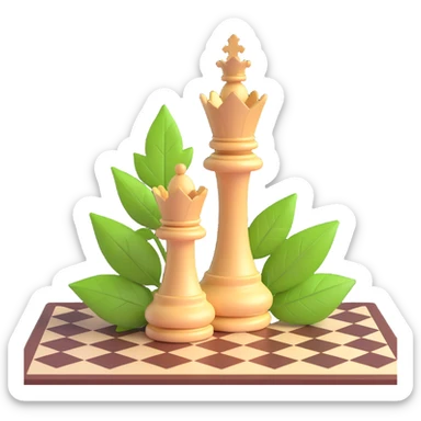 Add green leaf details to the 3D queen chess piece, maintaining its elegant and polished look, with no background. sticker
