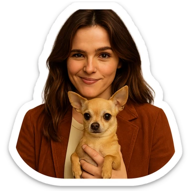 Create a centered portrait for an Instagram profile inspired by the facial features visible in the reference images of Zoe Deutch. The subject has a tanned complexion with subtle freckles, wearing a shirt in color #FFF8CA and a rust-colored jacket. Hair is medium-length brown with auburn highlights. The expression is mischievous and playful. The subject is holding an expressive and cute beige-brown chihuahua. The style is inspired by a Netflix series with an intimate and expressive ambiance reminiscent of Tenerife. The background should be transparent. sticker