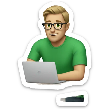 white man with blue eye and light brown hair and square glasses wearing green t-shirt using laptop sticker
