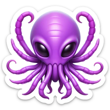 Clash of Clans aesthetic: Cinematic Playful Zerg Alien Emoji, rendered in a 3D vector-style similar to standard emojis with minimal shading and bold, simplified shapes. A compact, isometric, otherworldly creature with insectoid, organic details and subtle, eerie tentacles, softly glowing with a sinister alien charm. Simplified yet unmistakably iconic, highly detailed and consistent, glowing with a soft, spectral radiance and high shine. Stylized with a touch of bio-engineered mischief and a soft glowing outline, capturing the essence of a fearsome extraterrestrial menace with a playful twist! sticker
