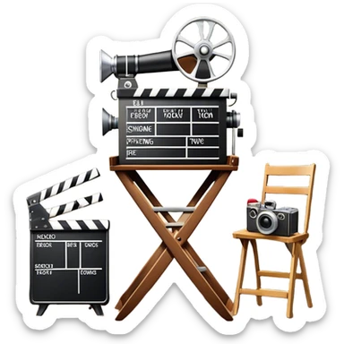 Icon for Directing: a director's chair, a film clapperboard, large movie camera, vintage megaphone and a stage with a spotlight. The icon should represent the creative and organizational aspects of directing, with focus on storytelling, staging, and performance. Transparent background. sticker
