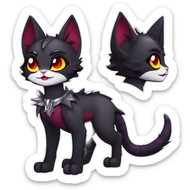 Anthro-Cute-Edgy-Cool-Vampiric-Batty-Cat-Black-Purple-Red-Grey-White-Yellow-Contrast-Colors-Fantasy-Fur-Sona-Chibi-Shiny-Fakémon-Hybrid with horns and big fangs and collar full body sticker