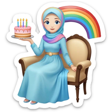 Turkish beautiful finish Konya girl blue eyes with pastel hijab long tail dress and sits on the chair and holds rainbow cake with her hand  sticker