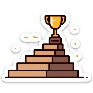 Path to success logo with steps or staircase leading upward to a trophy or achievement symbol, using brown shades and golden accents sticker
