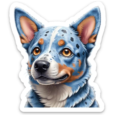 Cinematic Cute Blue Speckle Australian Cattle Dog Portrait Emoji, Head tilted playfully and inquisitively, featuring a vibrant blue speckle Fur with dynamic patterns, round, sparkling blue eyes filled with curiosity, Simplified yet irresistibly adorable features, highly detailed, glowing with a warm, friendly glow, high shine, affectionate and energetic, stylized with a touch of whimsy, bright and endearing, soft glowing outline, capturing the essence of a mischievous yet loving pup, so playful it feels like it could bound out of the screen and into your arms! sticker