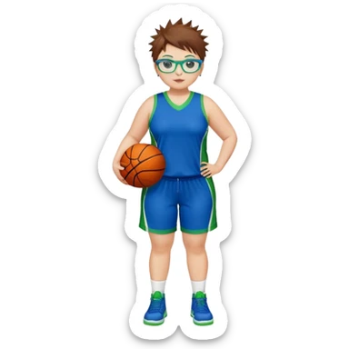 Full Body white plus size Girl with basketball spikey short brown HAIR wearing blue glasses with green eyes wearing blue and green basketball uniform PLAIN sticker