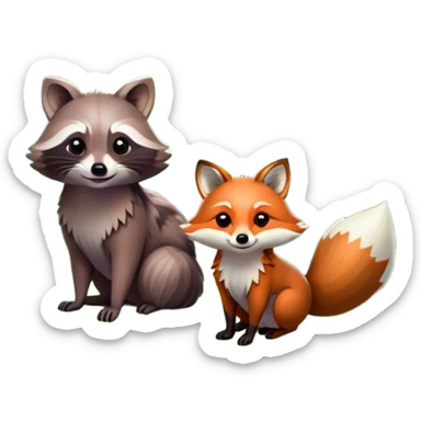 raccoon and a fox among a colorful forest with vibrant green trees, bushes and flowers. The animals are in the foreground, surrounded by a lush, bright forest, with soft sunlight filtering through the leaves. A playful photo-realistic and wild scene with a transparent background. sticker