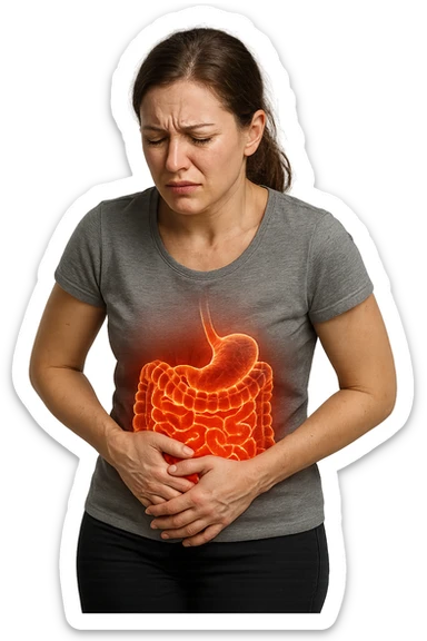 DONNA CON INTESTINO ANATOMICO REALISTICO IN EVIDENZA E MAL DI PANCIA, IPERREALISTICO 4K sticker