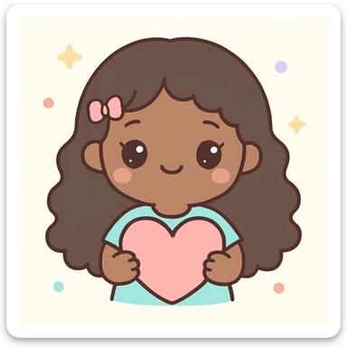 A cute black girl with long curly hair holding a pink heart, kawaii style, adorable, big eyes, pastel colors, sweet and charming sticker