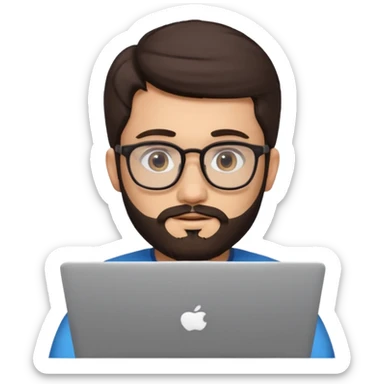 23 year old Azerbaijani man with dark brown hair and beard with glasses and laptop sticker