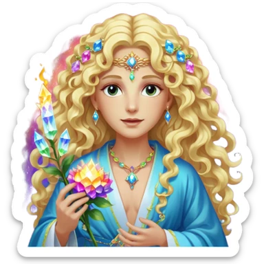 a being made of light pleidian nordic long faces and curly huge thick blond hair but beautiful features of light wearing jewels and a rainbow halo like a saint arount her a robe on made of light and gem  transparent belly dancer and who is lanky holding a bouquet of crystal flowers on rainbow fire sticker