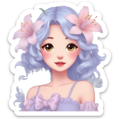 Gorgeous pastel anime style lady with blushing face and lilies cottagecore fairycore pastelcore colorful pearly romantic simplistic aesthetic trending style sticker