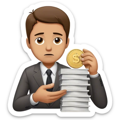 enerate an emoji of a sad business owner handing over a giant stack of work in exchange for a single tiny coin. The character looks frustrated and disappointed, representing undervaluing their services sticker
