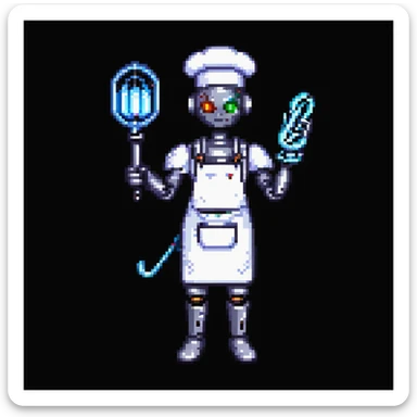 Portrait of a cyborg baker with a mechanical arm holding a whisk, glowing eyes, chrome apron, skeuomorphism style sticker