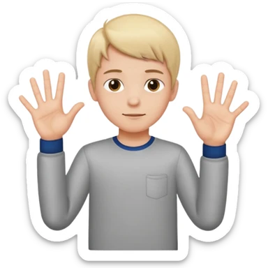 A boy with hands side to side with a six on the left and a seven on the right sticker