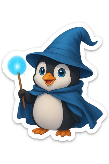 A penguin wizard with a pointy hat and a magic wand and a blue cape with no background sticker