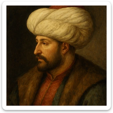 Fatih Sultan Mehmet, Ottoman sultan, with a trimmed beard and decorated turban, historical painting style sticker