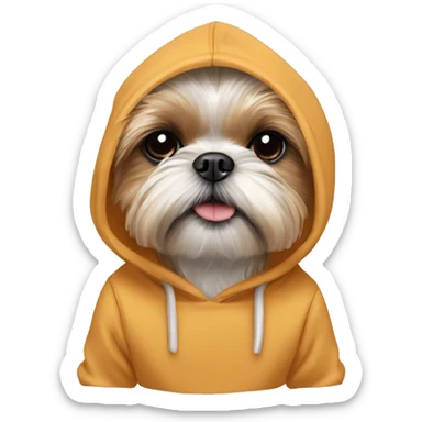 A butterscotch shih tzu/ Yorkie mix wearing a hoodie sticker