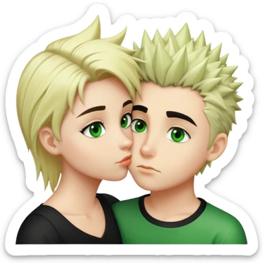 A blonde girl with green eyes kissing a boy with fair skin and black hair with a hairstyle that stands up and green eyes sticker