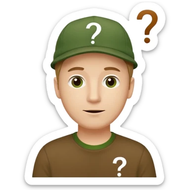 white fat man with brown cap and green t shirt printeed a question mark sticker