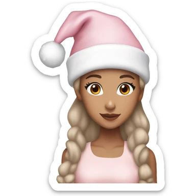 Ariana grande in a light pink christmas outfit wearing a light pink christmas hat sticker