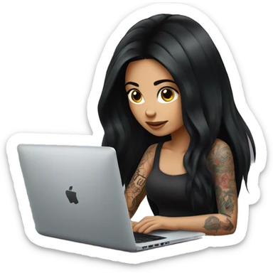 beautiful girl with tattoos, with long black hair, typing on laptop sticker