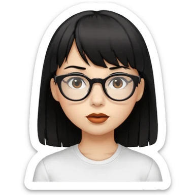 uma mulher snapchat icon, cor da pele normal, cabelo preto liso solto médio com franja, óculos pretos, piercing na boca e nariz, olhos castanhos, camisa branca sticker